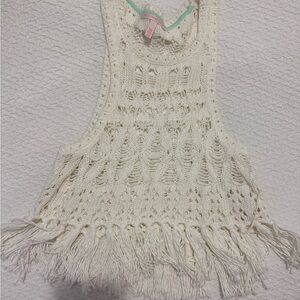 Cropped White Knit Fringe Tank Top